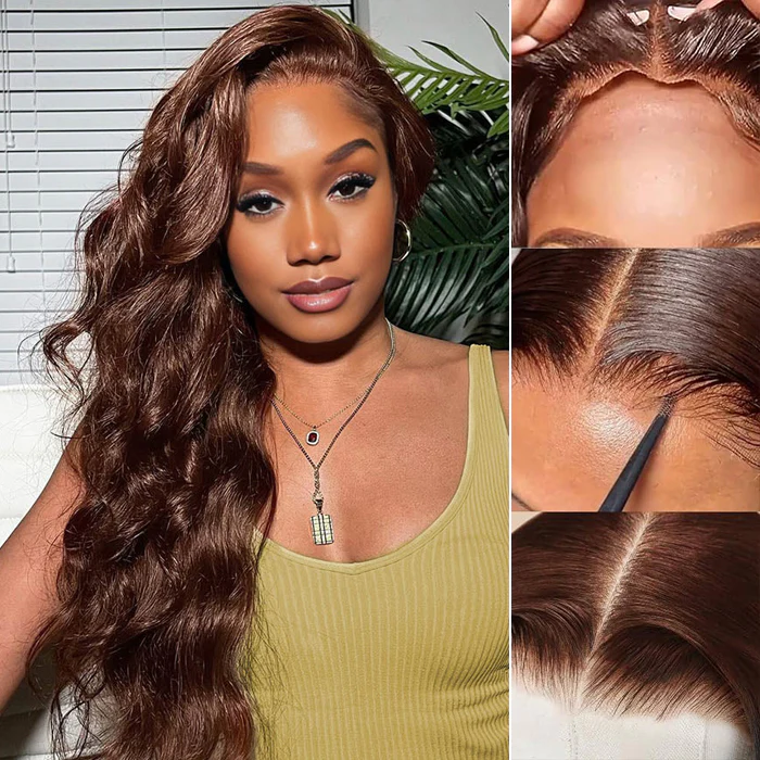 ALIGLOSSY Pre Cut Wear Go Glueless Chocolate Brown Straight Body Wave Closure Wig 4x4 5x5 HD Transparent Human Hair Lace Wigs 180 Density