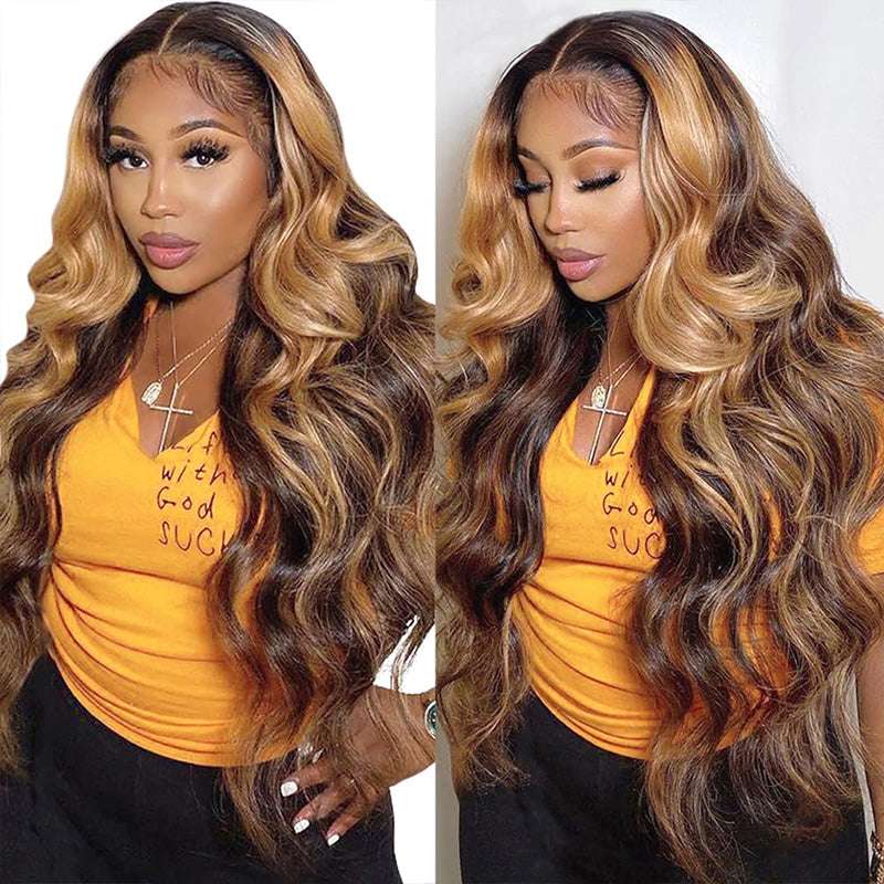 5x5 HD lace closure P4/27 highlight body wave human hair wig for beginners