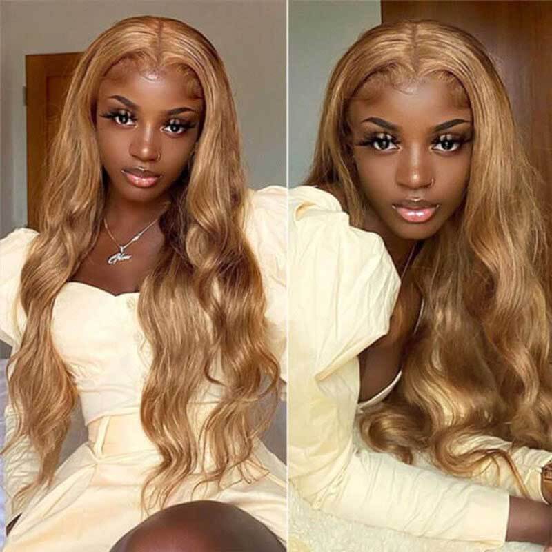 5x5 HD transparent lace closure honey blonde body wave human hair wig