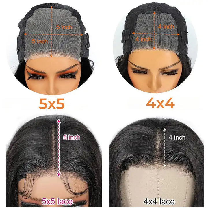 ALIGLOSSY straight wig lace closure size comparison: 5x5 HD transparent lace vs 4x4 HD lace coverage.