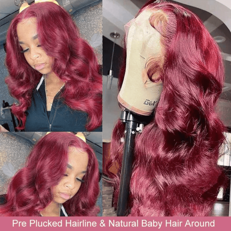 99J Burgundy Body Wave 13x4 HD lace front glueless wig, 180% density