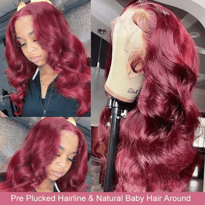 99J Burgundy Body Wave 13x4 HD lace front glueless wig, 180% density