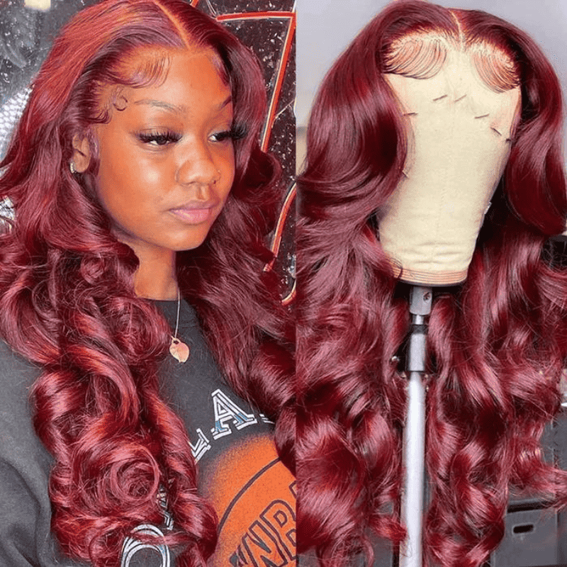99J Burgundy Body Wave human hair wig, 180% density, 13x4 HD lace