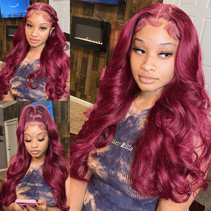 99J Burgundy Body Wave human hair wig, 180% density, 13x4 HD lace