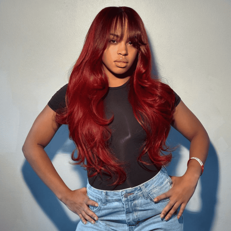 99J Burgundy Curtain Bangs Body Wave human hair wig, 180% density, 13x4 HD lace
