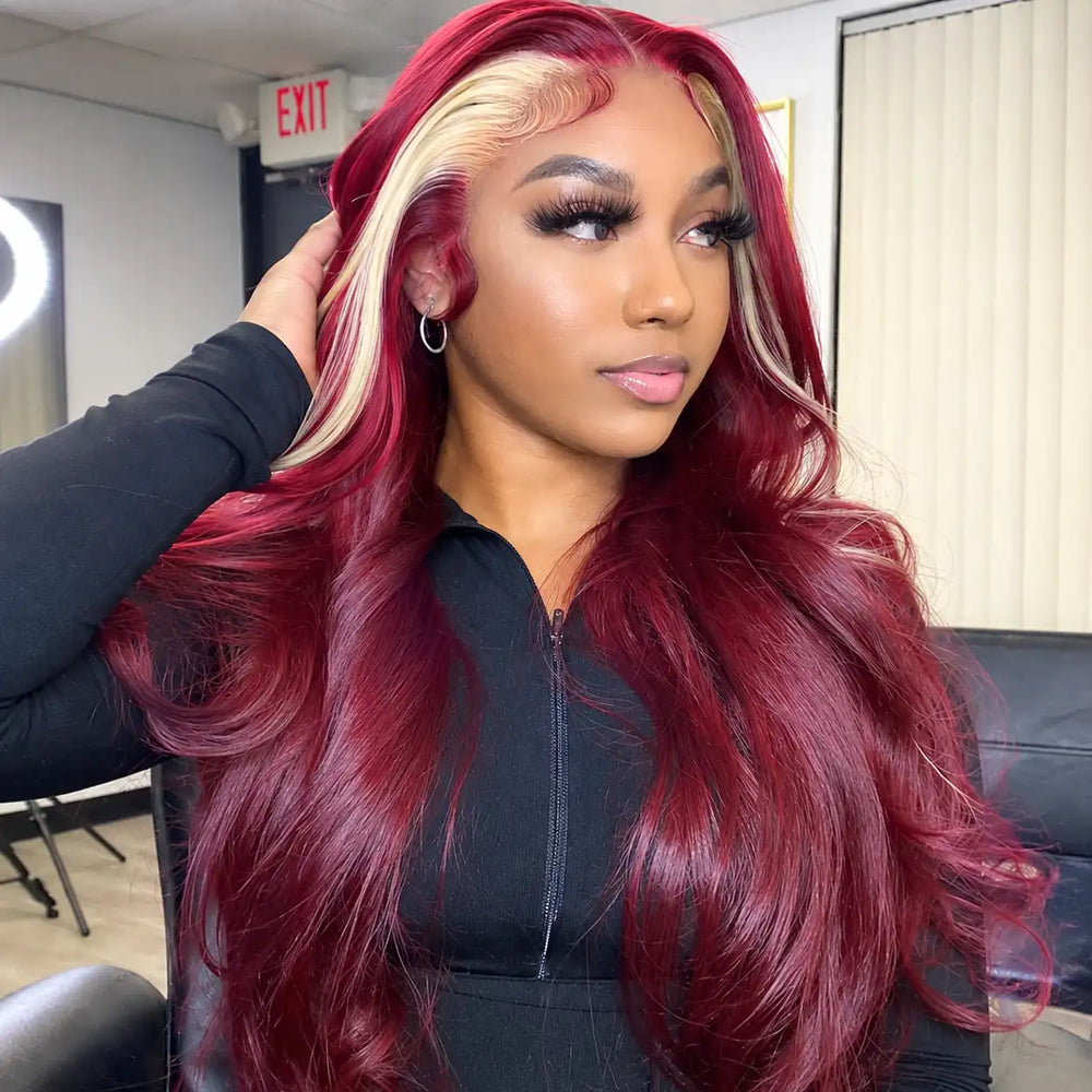 99J Burgundy with Blonde Skunk Stripe 13x4 HD Body Wave Lace Front Human Hair Wigs - 99J burgundy hair with 613 blonde face framing highlight