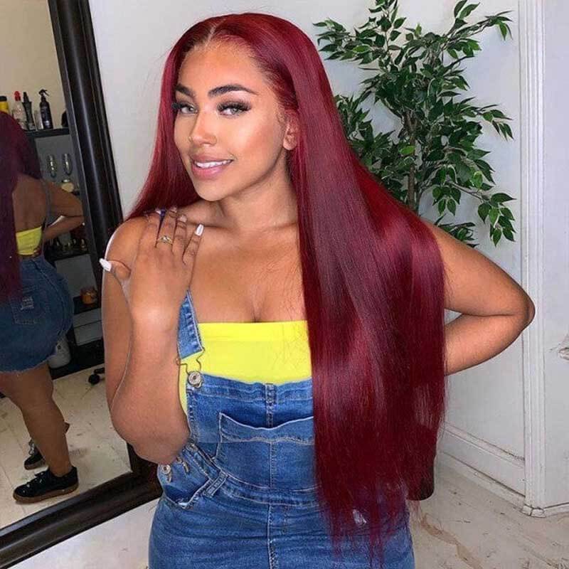 99J Straight human hair, 4x4 lace closure glueless wig, seamless scalp melt