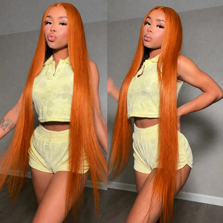 ALIGLOSSY 13X4 Orange Ginger Brazilian Straight Lace Front Wig HD Transparent Human Hair Wigs