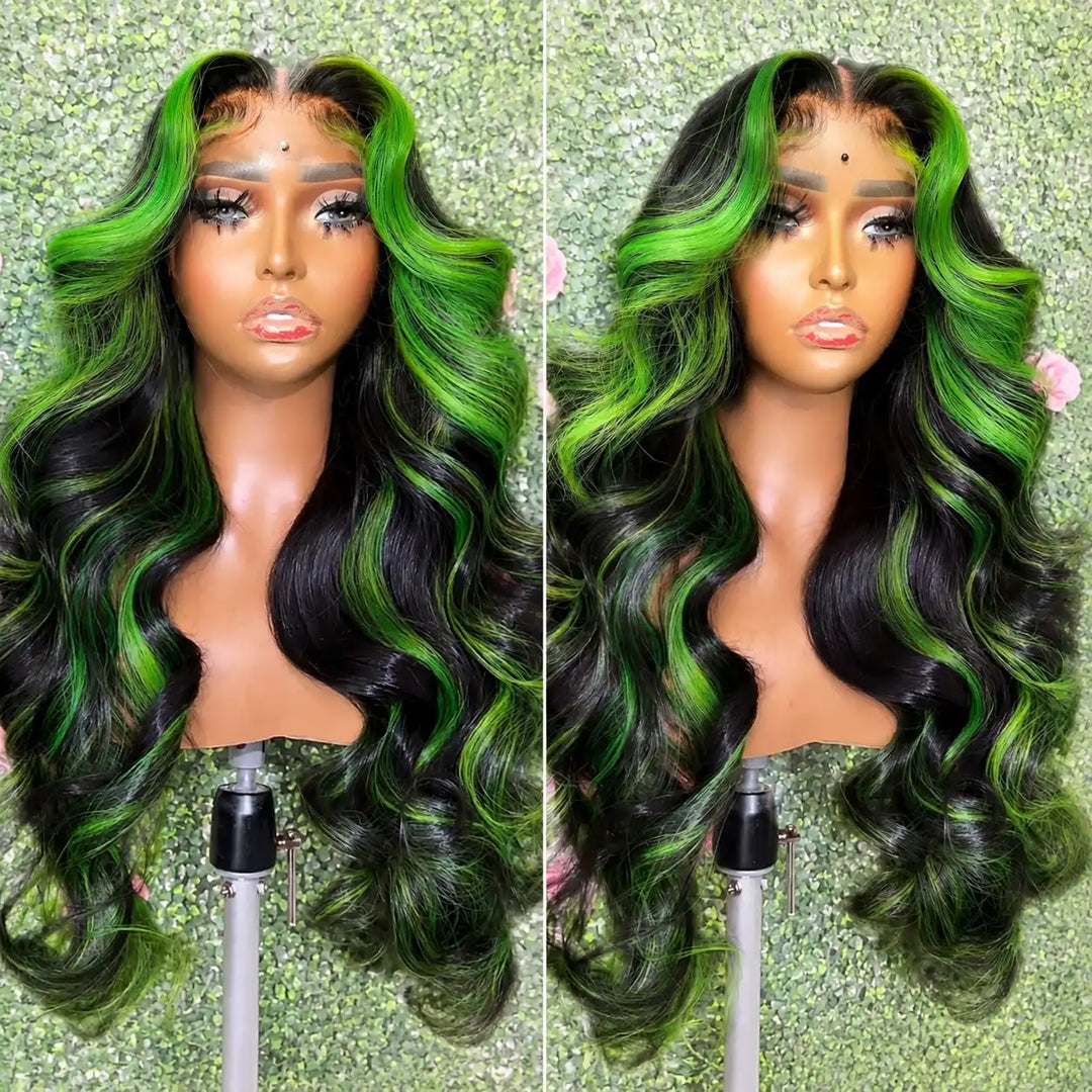 ALIGLOSSY 13x4 Transparent Lace Frontal Black Green Human Hair Wig with 180% Density Highlight Style