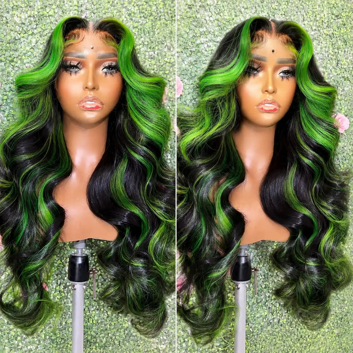 ALIGLOSSY 13x4 Transparent Lace Frontal Black Green Human Hair Wig with 180% Density Highlight Style