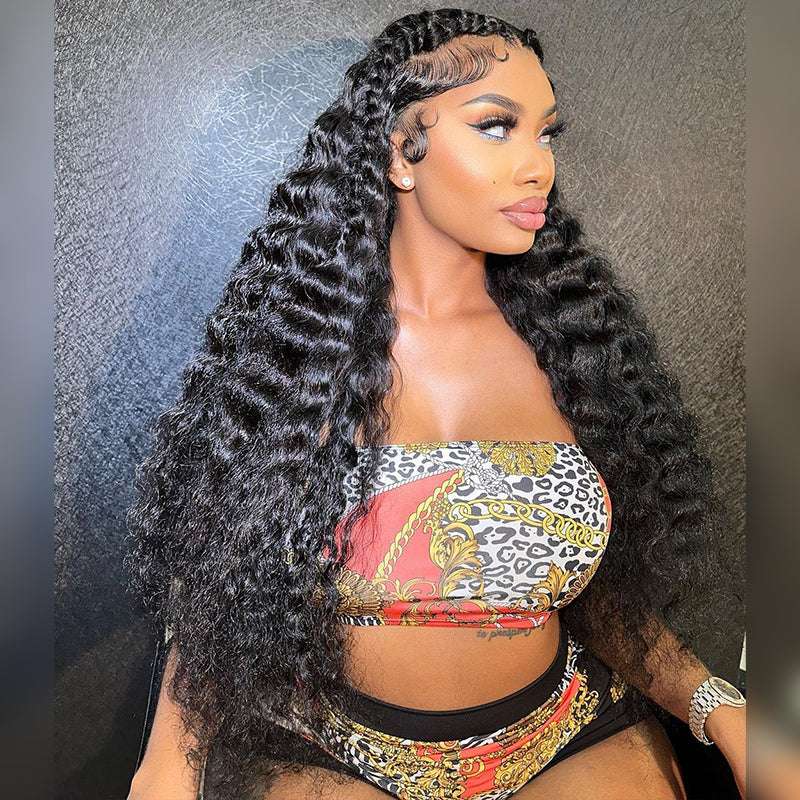 ALIGLOSSY 13x6 HD Transparent Lace Deep Wave Human Hair Wig 200% 250% Density Natural Look