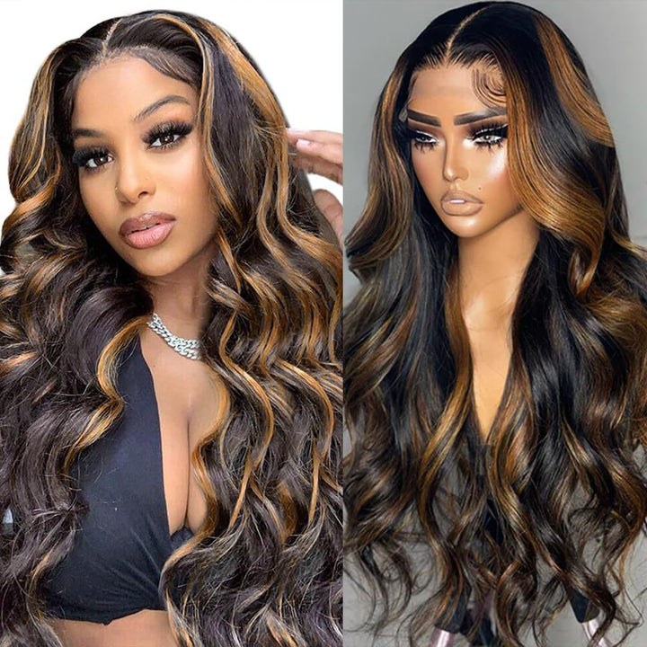 ALIGLOSSY 1B/30 Highlight Body Wave Wig Human Hair 13x6 HD Lace Front 180 Density