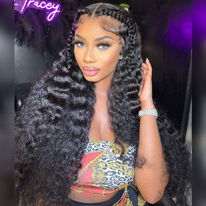 ALIGLOSSY 200% 250% Density 13x6 HD Transparent Lace Deep Wave Human Hair Wigs Full Volume