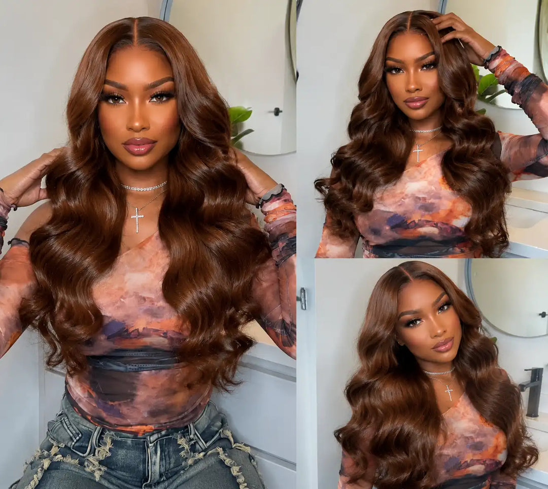 ALIGLOSSY 200% 250% Density Chocolate Light Brown Color Hair Body Wave 13x4 HD Transparent Lace Front  Human Hair Wig FRONT VIEW