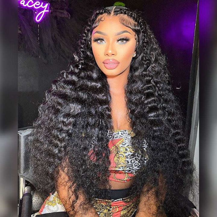 ALIGLOSSY 200% 250% Density HD Transparent Lace Deep Wave Human Hair Wigs Front View