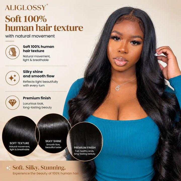 ALIGLOSSY 23.5-inch large cap human hair wig featuring soft 100% human hair texture, silky shine, and natural movement for big heads