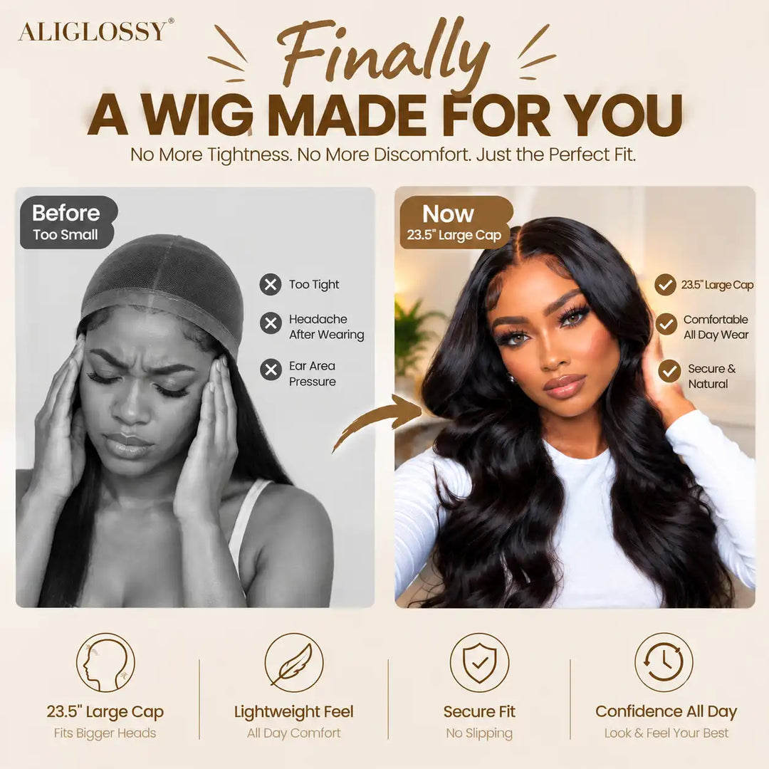 ALIGLOSSY 23.5-inch large cap human hair wig for big heads, comparing a tight standard wig with a comfortable, secure, and natural large cap fit.