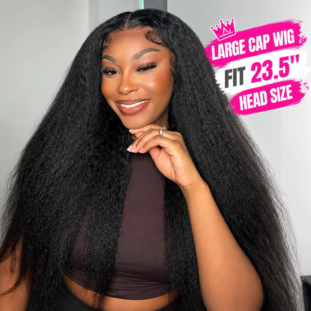 ALIGLOSSY 23.5 inch large cap size kinky straight 13x4 HD lace front human hair wig for big heads natural hairline