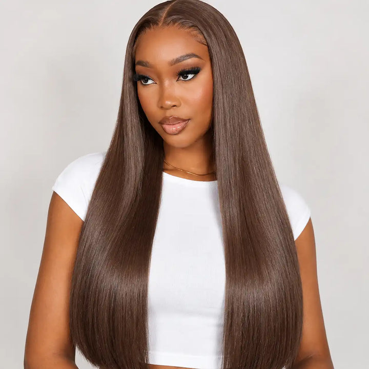 ALIGLOSSY #4 Chocolate Brown Bone Straight HD Lace Frontal Human Hair Wig - Front View Showing Natural Hairline and Rich Brown Color