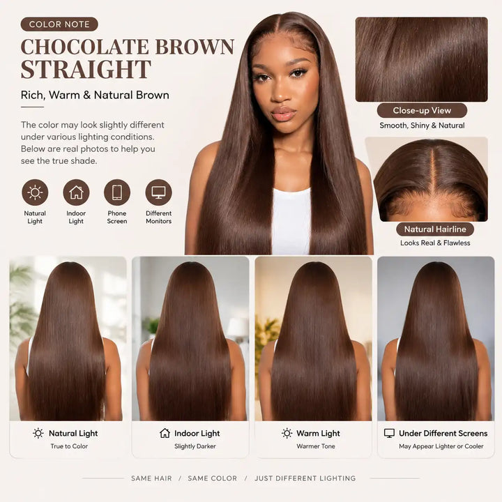 ALIGLOSSY #4 Chocolate Brown Bone Straight HD Lace Frontal Human Hair Wig - Lighting and Color Display Guide under Natural, Indoor, and Warm Light