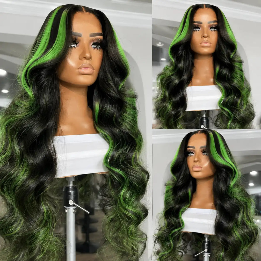 ALIGLOSSY Black Green 180% Density 13x4 Lace Frontal Human Hair Wig Featuring Skunk Stripe Highlights