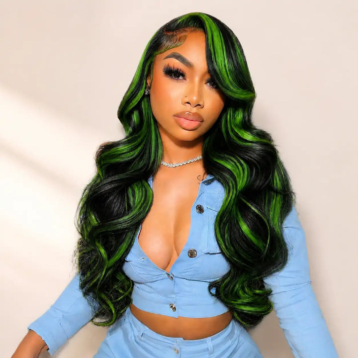 ALIGLOSSY Black Green 180% Density Human Hair Wig with 13x4 Transparent Lace Frontal and Skunk Stripe Highlight