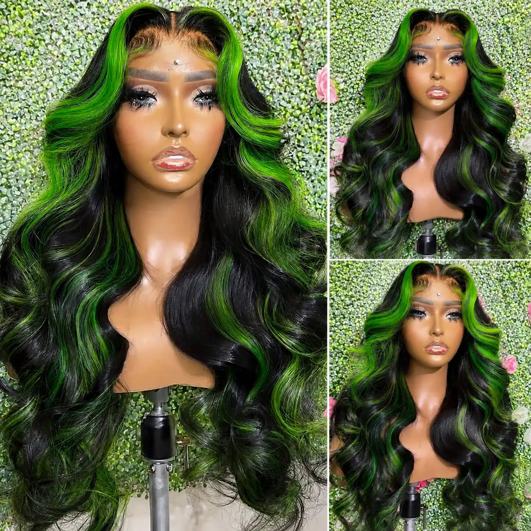 ALIGLOSSY Black Green Skunk Stripe Highlight Human Hair Wig 180% Density with Transparent Lace Frontal