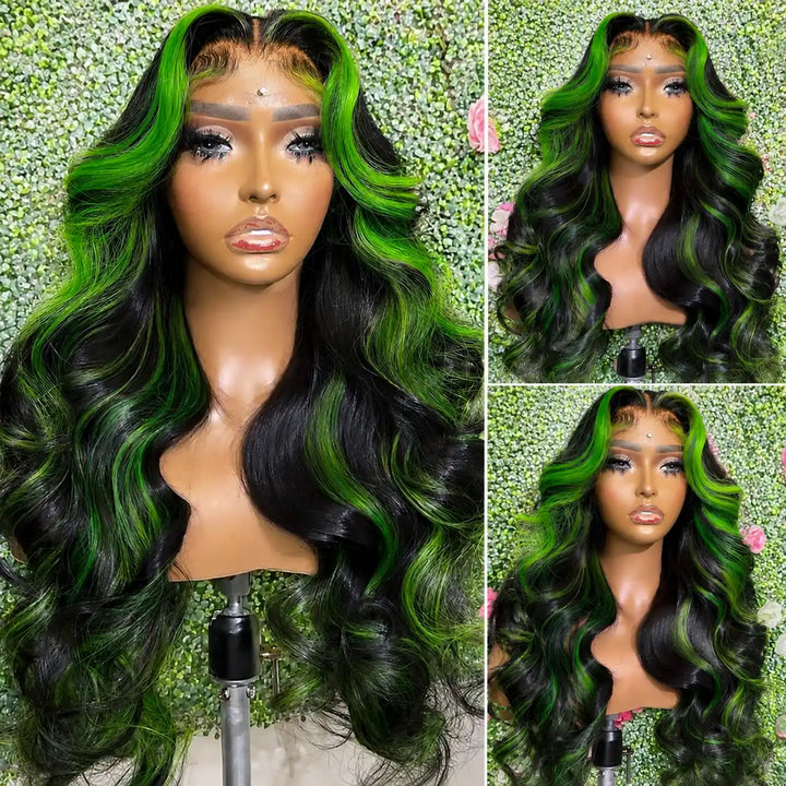 ALIGLOSSY Black Green Skunk Stripe Highlight Human Hair Wig 180% Density with Transparent Lace Frontal