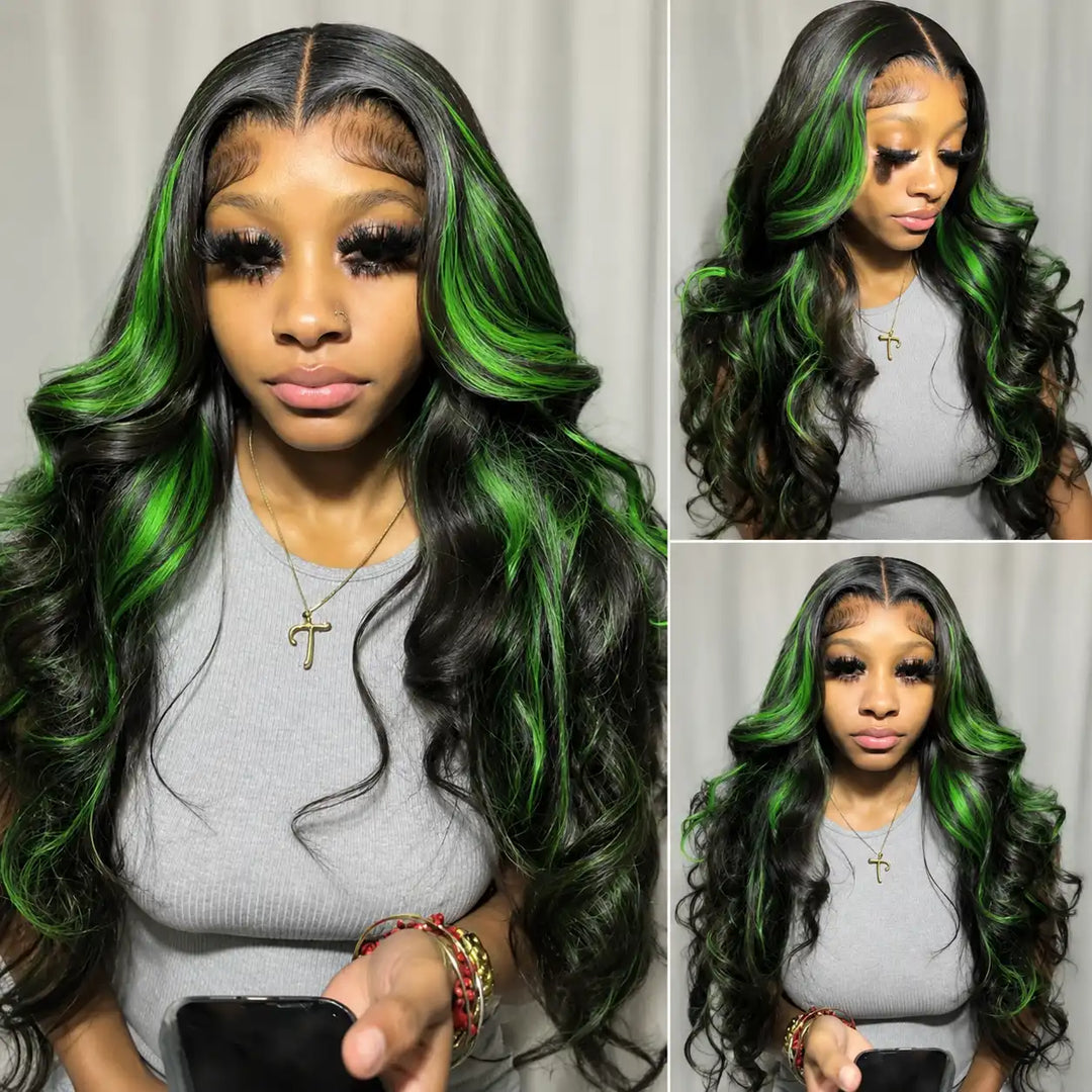 ALIGLOSSY Black Green Skunk Stripe Highlight Lace Frontal Wig with 180% Density Transparent Lace
