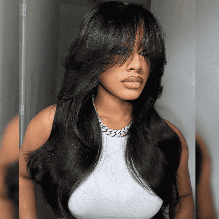 ALIGLOSSY Curtain Bangs 13x4 HD Transparent Straight Lace Frontal Wigs