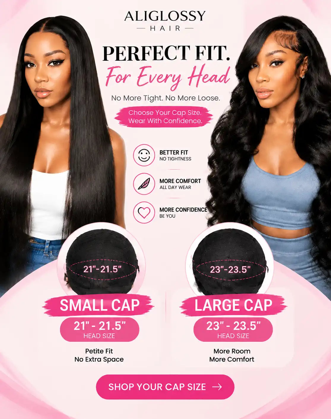 ALIGLOSSY Hair wig cap size collection featuring small cap wigs and large cap wigs for a perfect fit