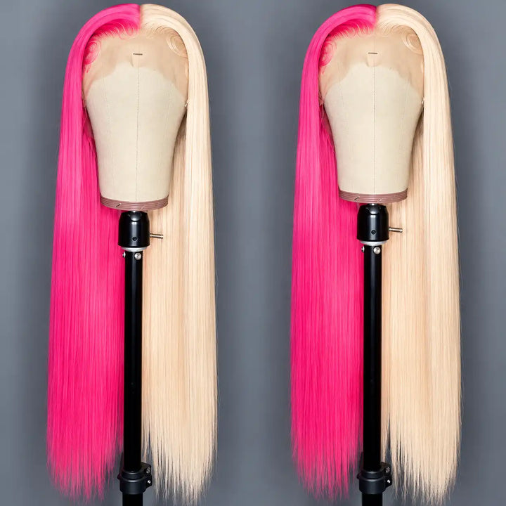 ALIGLOSSY Half 613 Half Pink Red Straight 13x4 Lace Front Wig