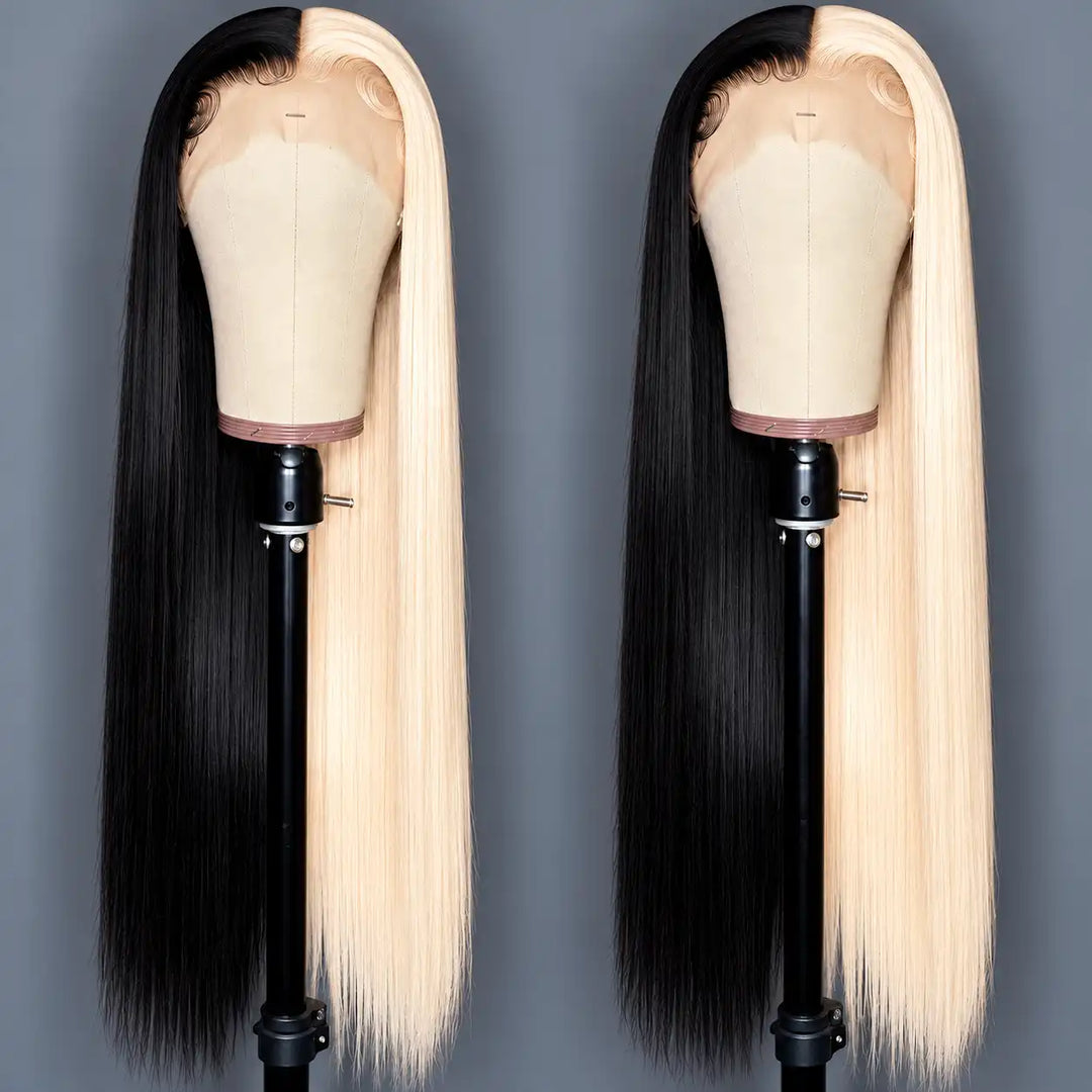 ALIGLOSSY Half BLACK Half BLONDE Straight 13x4 Lace Front Wig