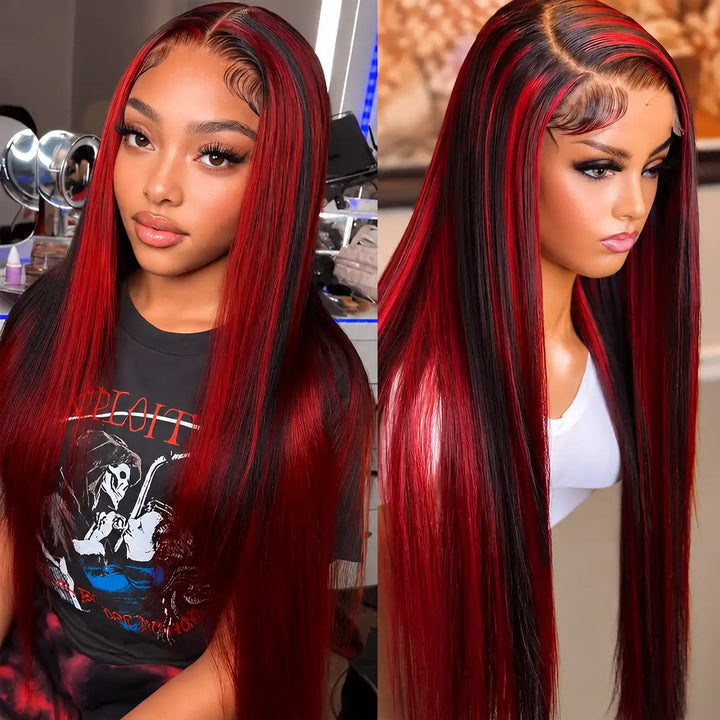 ALIGLOSSY Highlight 1B Burgundy Straight Lace Front Wig
