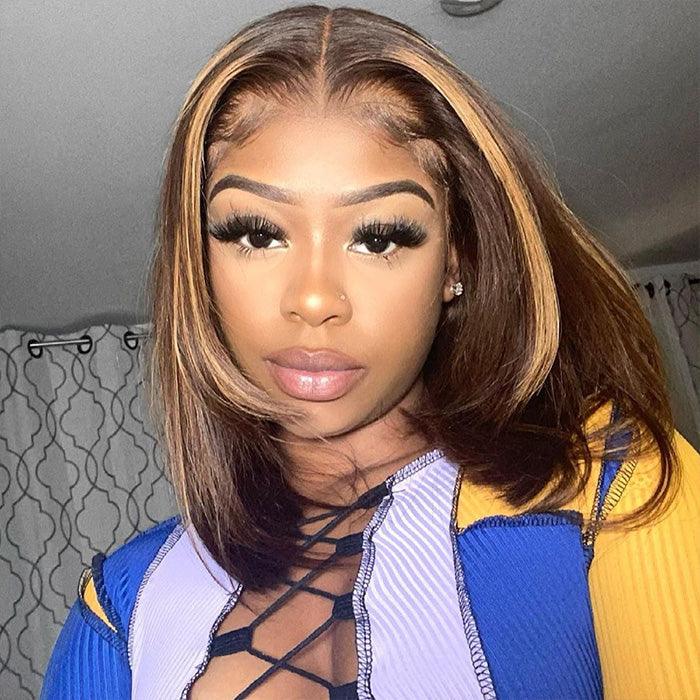 ALIGLOSSY Highlight P4/27 Highlight Short Straight Bob 13x4 Lace Frontal Wig 100% Human Virgin Hair