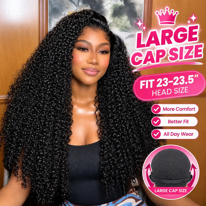 ALIGLOSSY Large Cap Size Kinky Curly 13x4 HD Lace Frontal Human Hair Wig 200% 250% Density displaying 23-23.5 inch big head friendly fit with extra comfort.