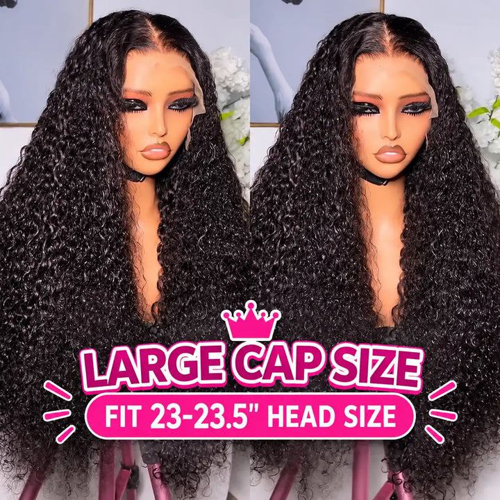 ALIGLOSSY Large Cap Size Kinky Curly 13x4 HD Lace Frontal Human Hair Wig 200% 250% Density mannequin display showing fit 23-23.5 inch head size.