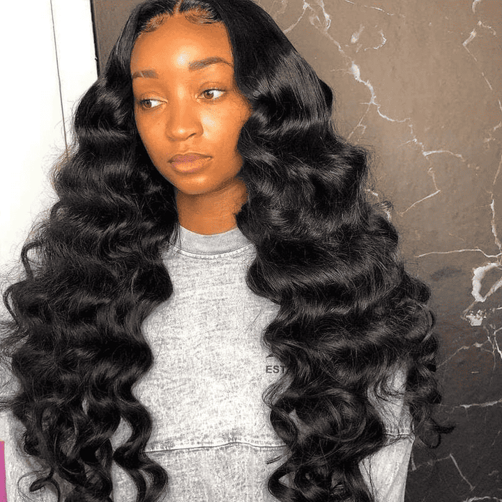 ALIGLOSSY Long Wand Curl Human Hair Wig with Bouncy Defined Curls and Invisible Lace