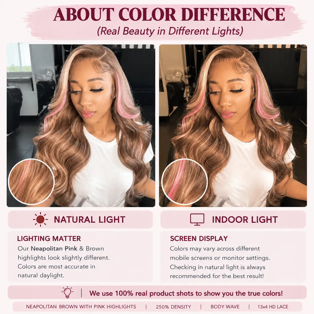 ALIGLOSSY Neapolitan pink highlight brown wig color difference in natural light and indoor light