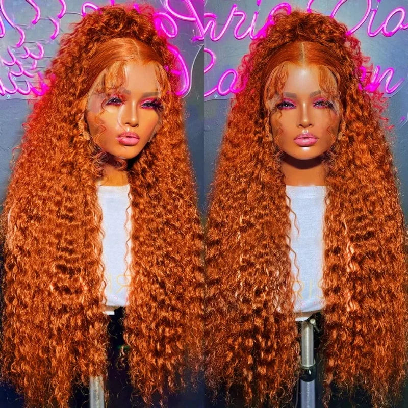 ALIGLOSSY Orange Ginger Deep Wave 13x4 HD Transparent Lace Front Human Hair Wig 180 Density Back View