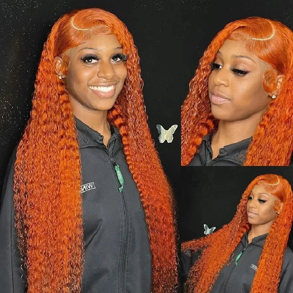 ALIGLOSSY Orange Ginger Deep Wave 13x4 HD Transparent Lace Front Human Hair Wig 180 Density Deep Wave Texture