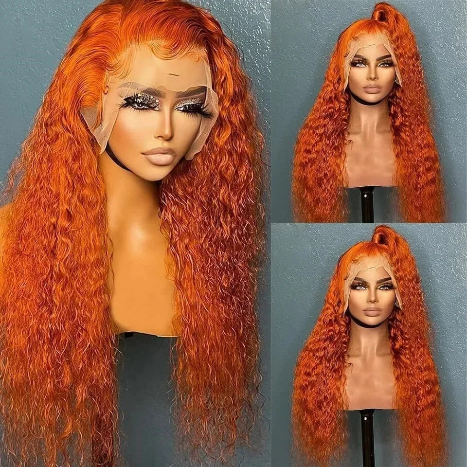ALIGLOSSY Orange Ginger Deep Wave 13x4 HD Transparent Lace Front Human Hair Wig 180 Density HD Lace Detail