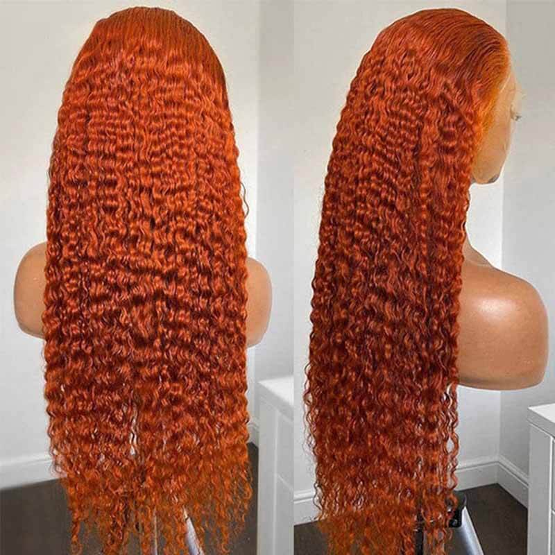 ALIGLOSSY Orange Ginger Deep Wave 13x4 HD Transparent Lace Front Human Hair Wig 180 Density Natural Hairline