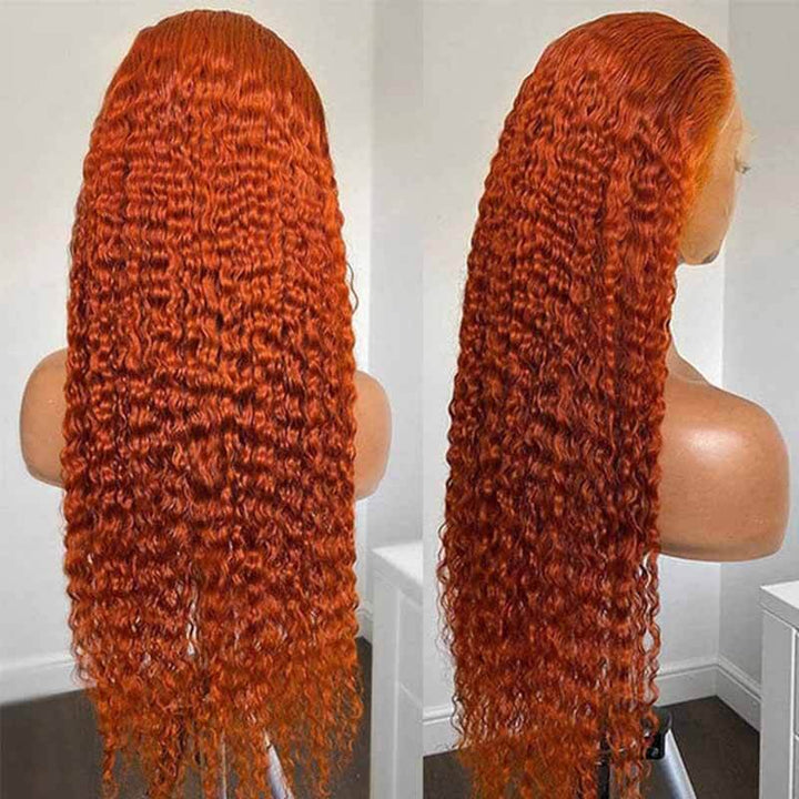 ALIGLOSSY Orange Ginger Deep Wave 13x4 HD Transparent Lace Front Human Hair Wig 180 Density Natural Hairline
