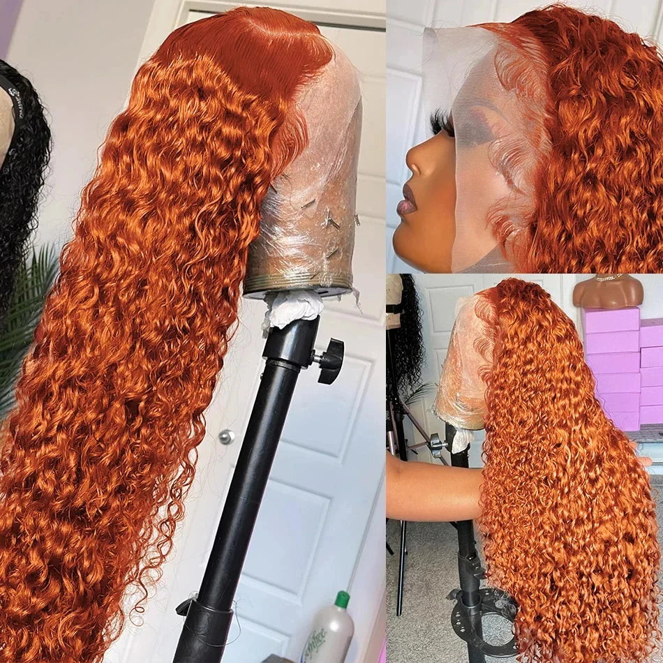 ALIGLOSSY Orange Ginger Deep Wave 13x4 HD Transparent Lace Front Human Hair Wig 180 Density Side View