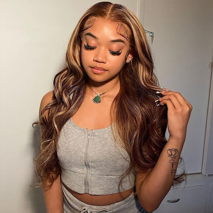 ALIGLOSSY P4/27 highlight body wave glueless wig with 4x4 lace closure