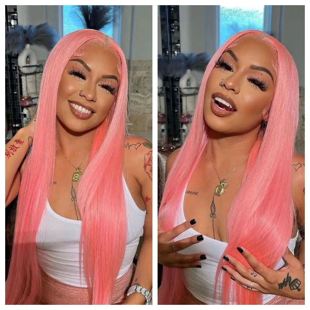 ALIGLOSSY Pink Color 13x4 Lace Front Straight Human Hair Wig HD Transparent Lace Human Hair Wigs