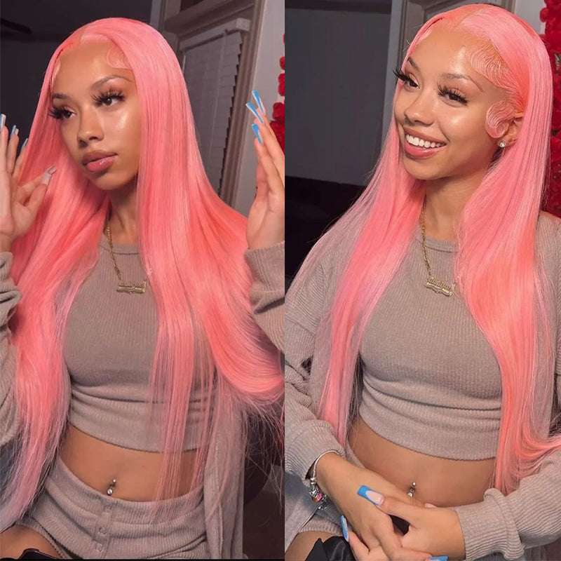 ALIGLOSSY Pink Color 13x4 Lace Front Straight Human Hair Wig HD Transparent Lace Human Hair Wigs Front Views