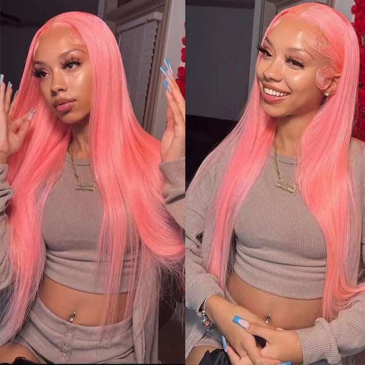 ALIGLOSSY Pink Color 13x4 Lace Front Straight Human Hair Wig HD Transparent Lace Human Hair Wigs Front Views