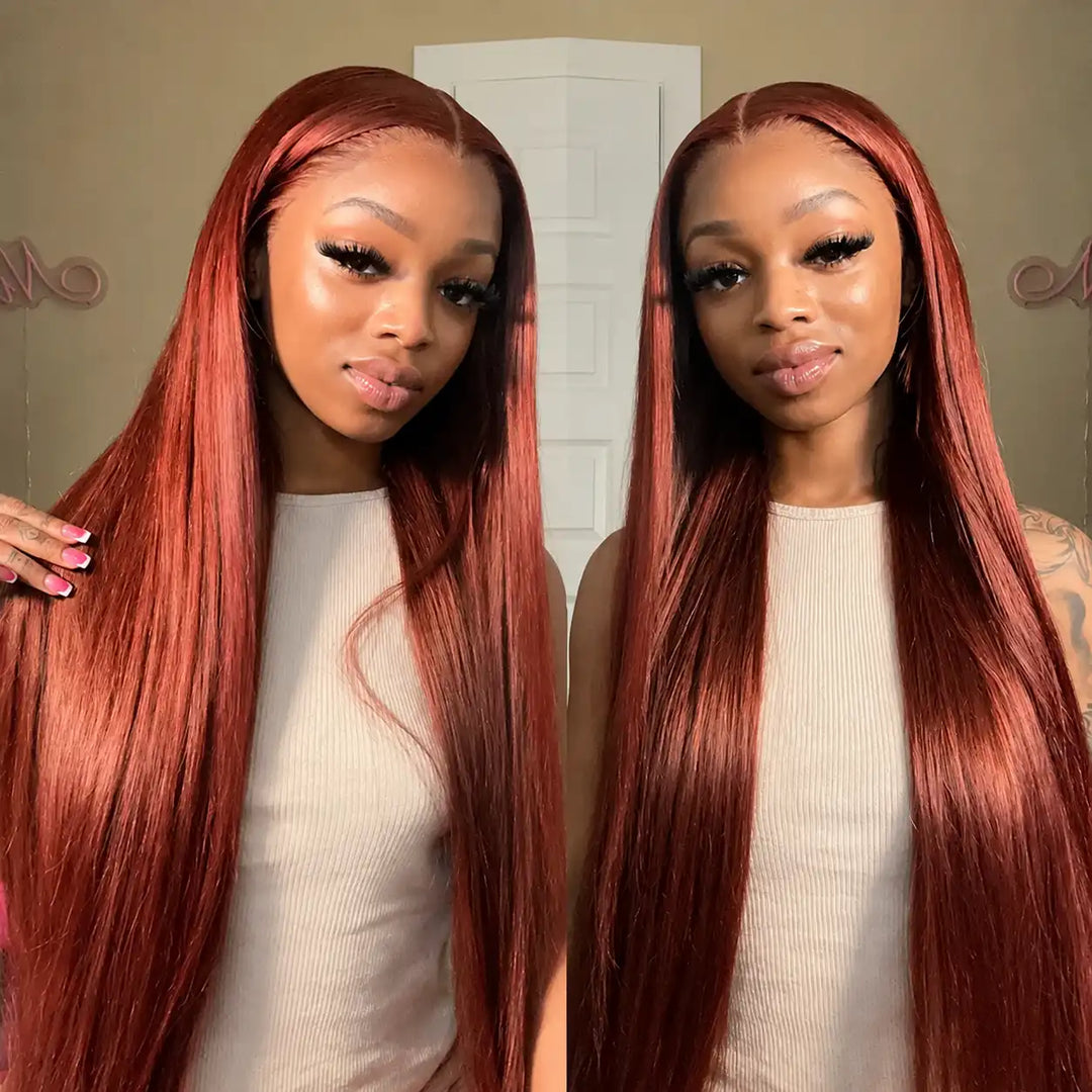 ALIGLOSSY Reddish Brown 13x4 HD Transparent Lace Front Straight Human Hair Wig